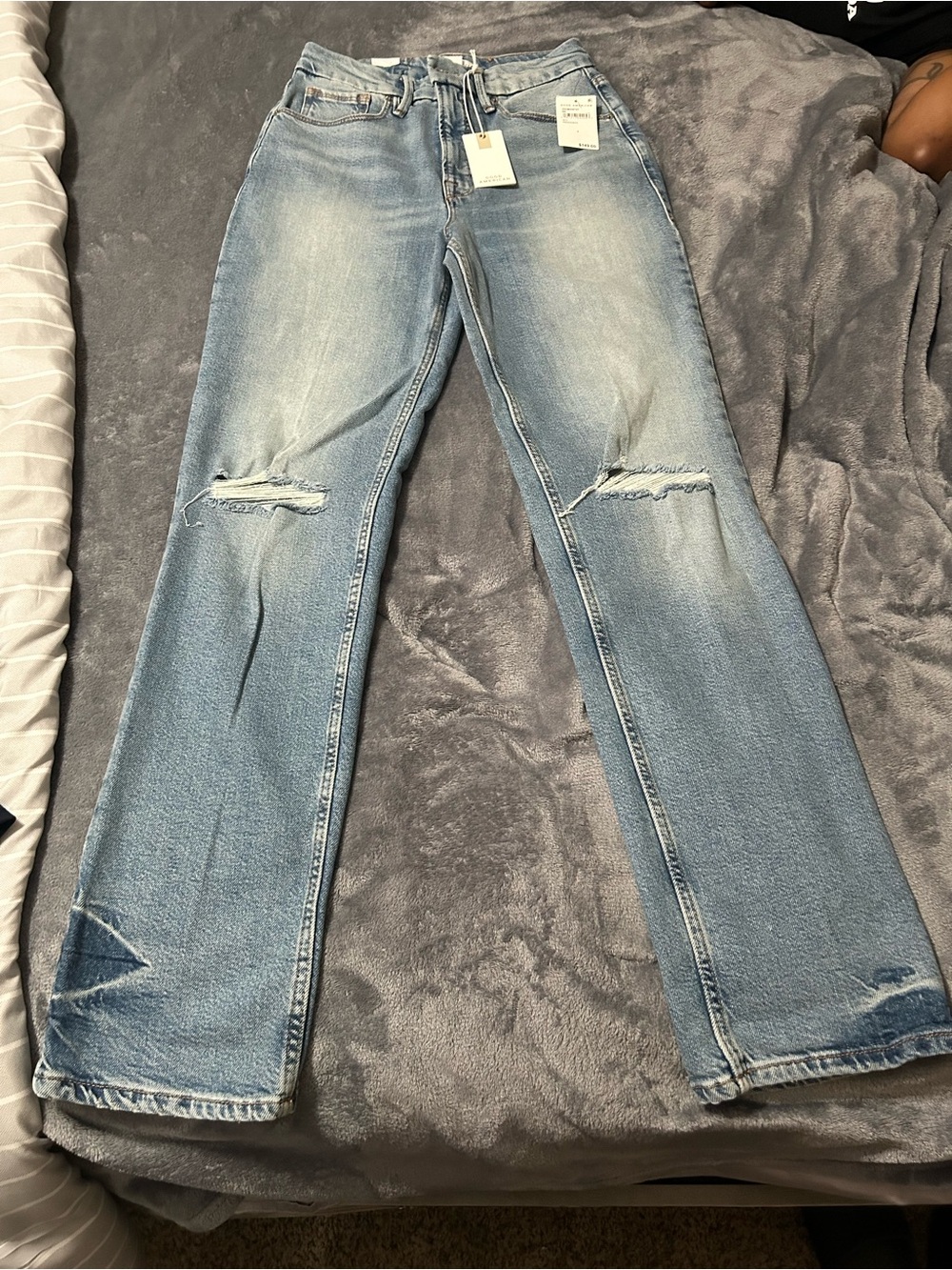 Good American Light Blue Distressed Straight-Leg Jeans-Good icon